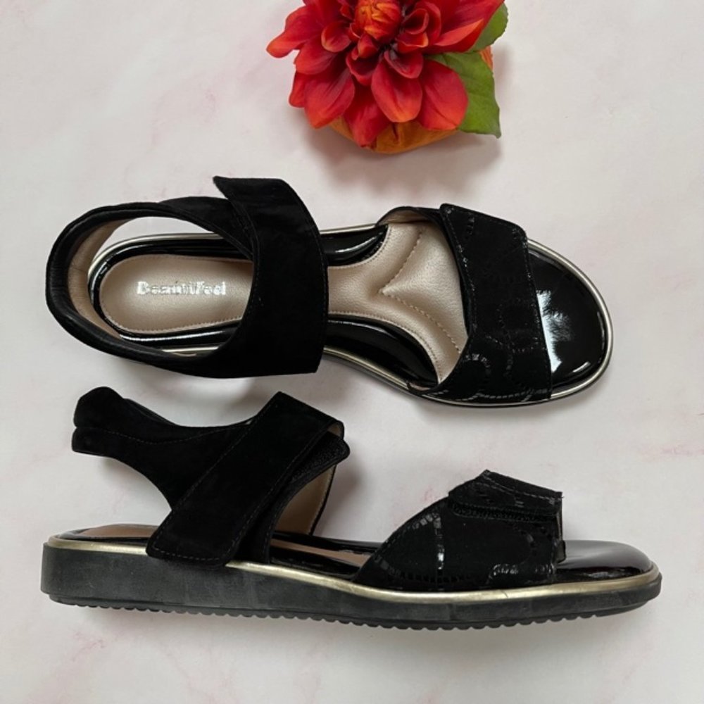 BEAUTIFEEL Elsie Black Suede Comfy Walking Flat Sandal 38 NWB